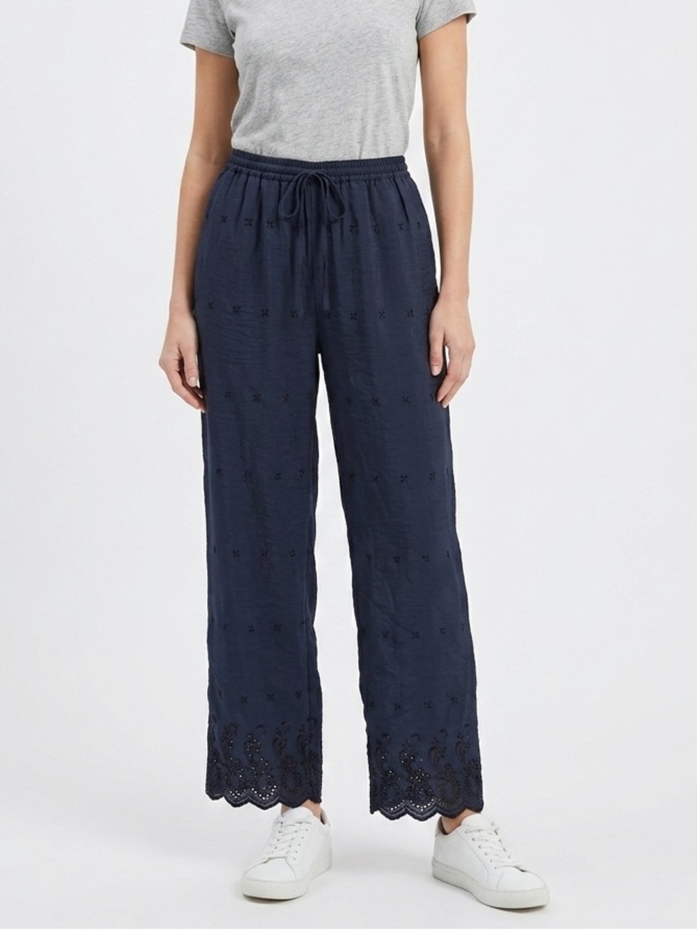 NWT Free People Navy Embroidered Pants with Eyelet Detail ($98 Retail)